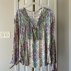 Anthropologie Floral Lace-Up Printed Blouse, Medium